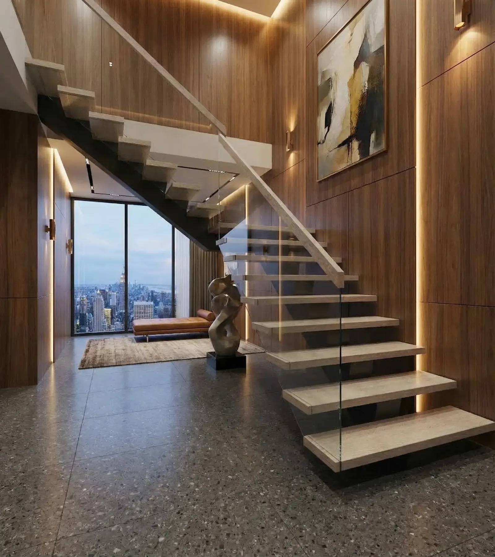 Industrial steel beam floating stairs in Houston, TX