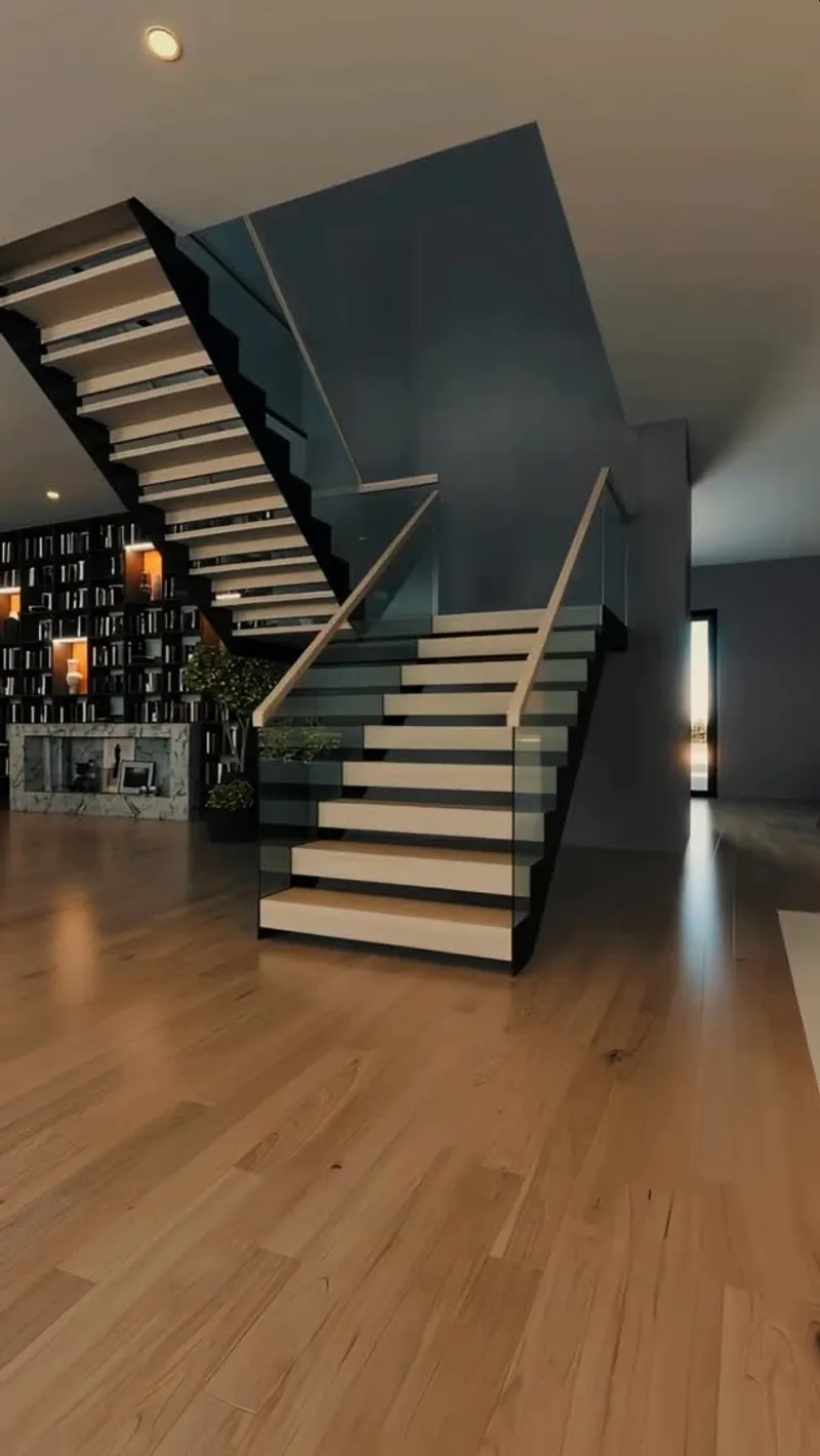 Frameless glass balustrade rail on floating stair in Houston home