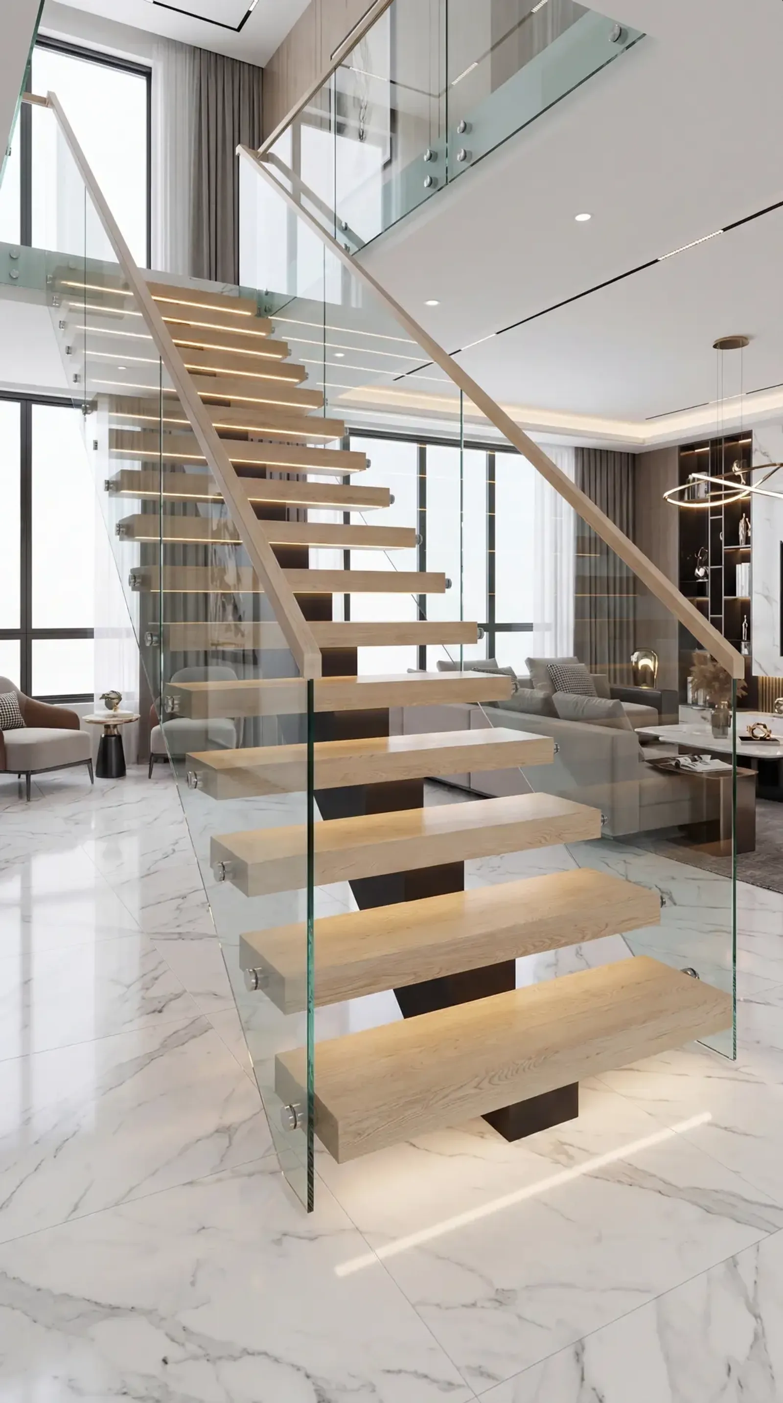 Glass tread cantilevered stair system in a Houston home