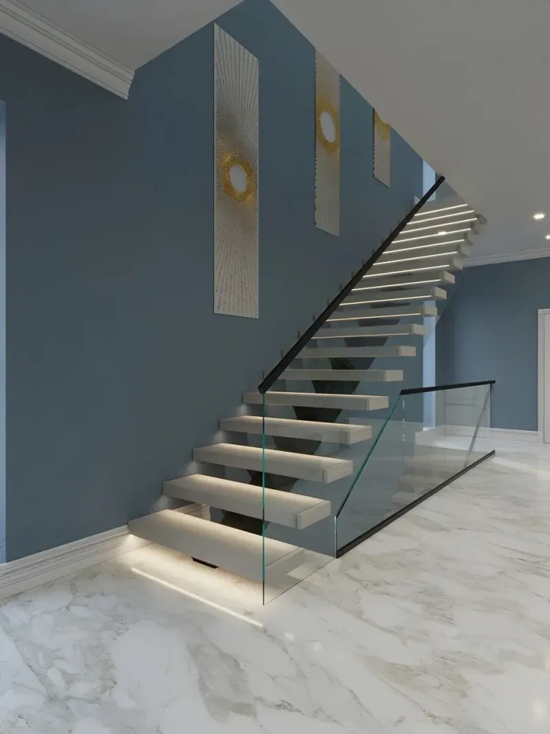 LED integrated floating staircase lighting in Houston home